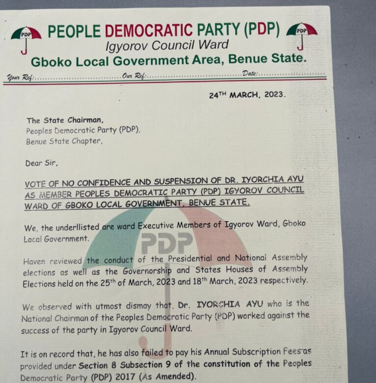 Drama As PDP Benue Ward Excos Suspends PDP National Chairman Iyorchia Ayu