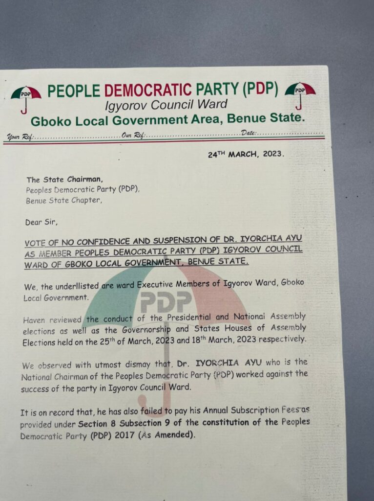 Drama As PDP Benue Ward Excos Suspends PDP National Chairman Iyorchia Ayu