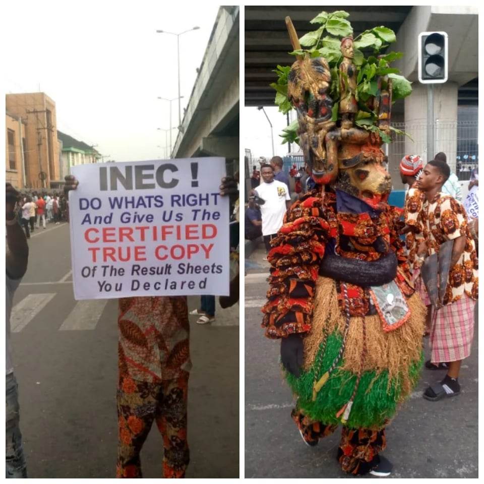 PDP Youths, Masquerades Protest At INEC Office, Demands Certified True Copies Of Result Sheets