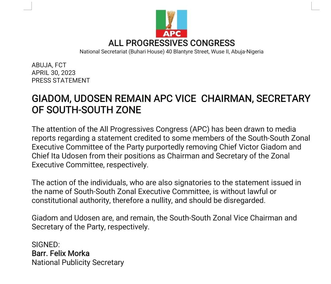 APC National Insist Victor Gaidom Remains Zonal Chairman, South South Secretary