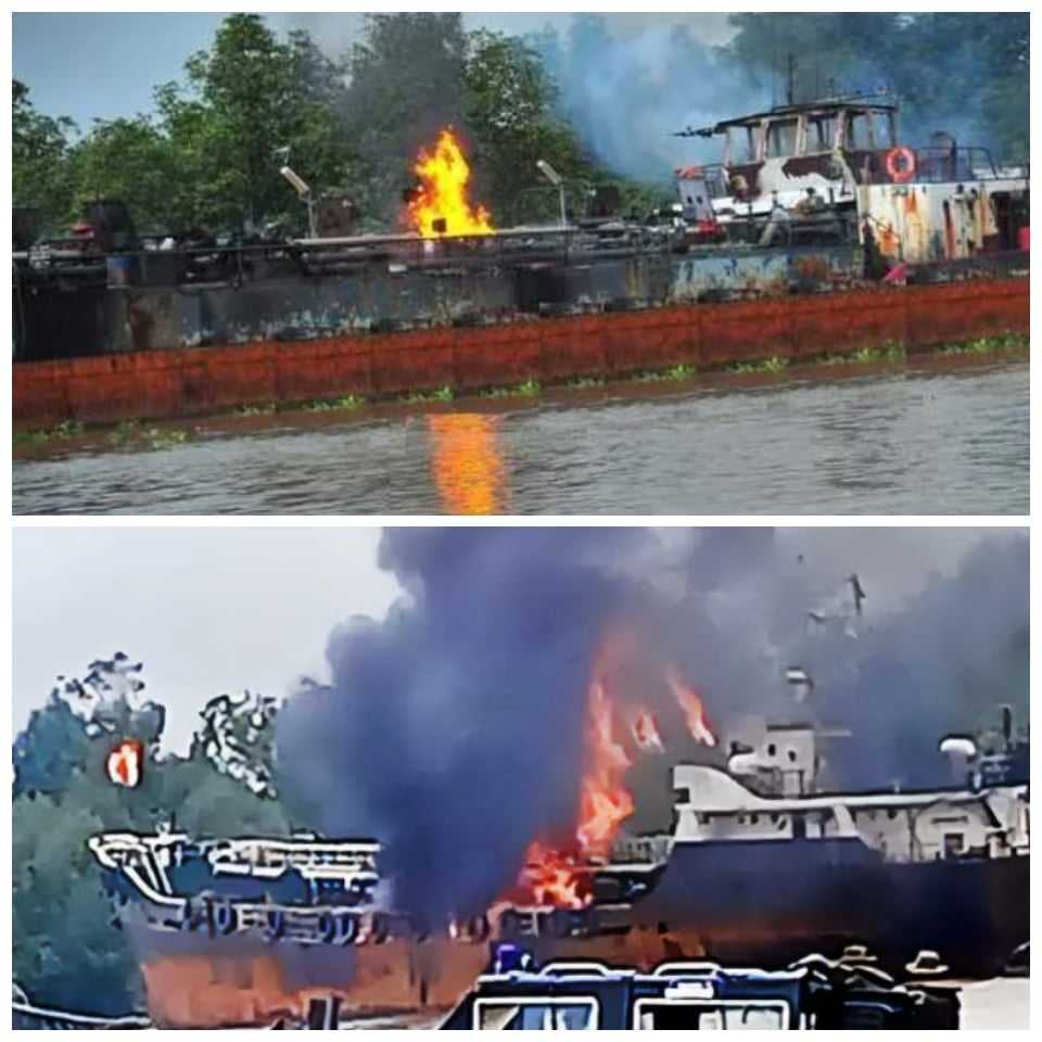 Security Agents, NNPC Personnel Watch As 150,000 Litres Of Stolen Crude Oil/Vessel Is Set Ablaze In Delta State