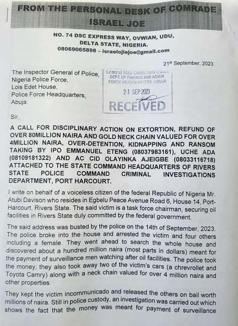 Rights Advocate Petitions IGP Over Alleged Extortion Of N80million From Contractor By Police ACP, 2 Other Officers In Rivers